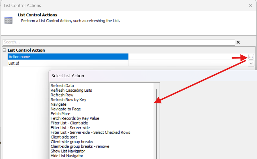 List Control Actions - dialog access (this list can be filtered)